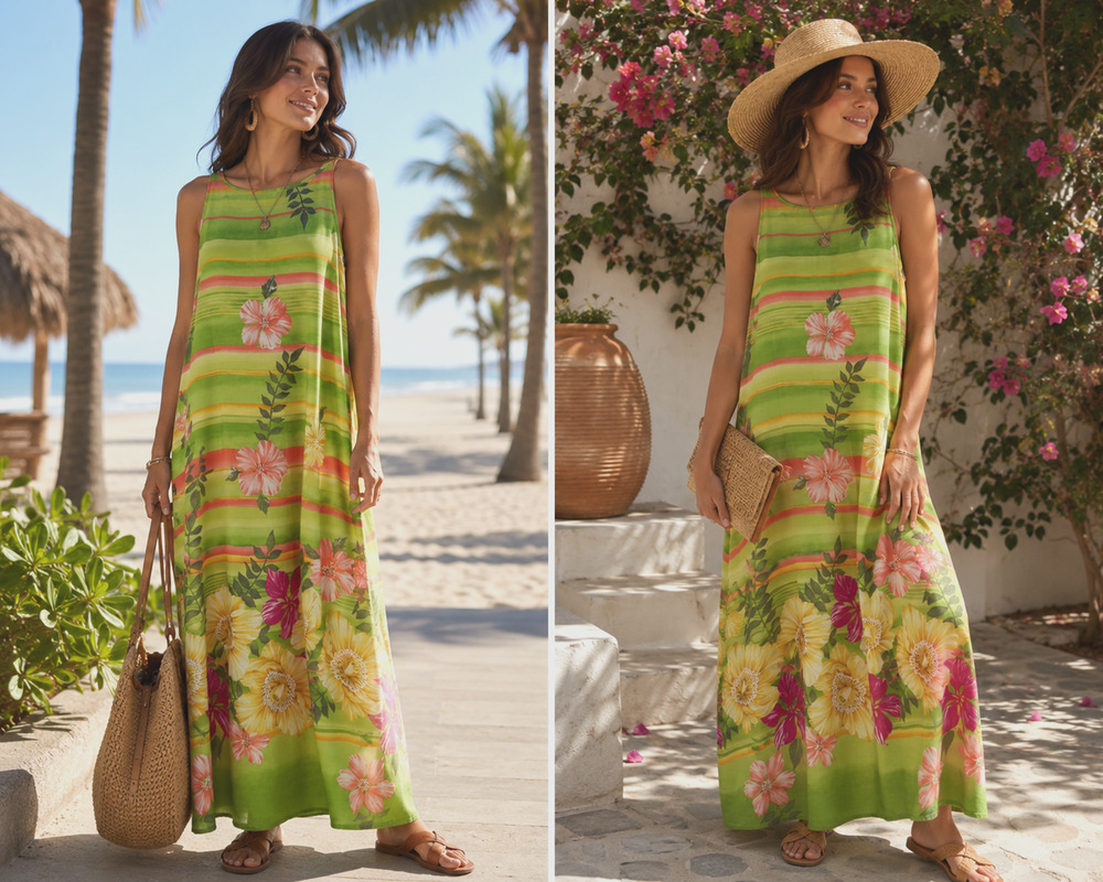 Women’s Tropical Floral Maxi Dress Size 12 Green Pink Sleeveless Resort Vacation